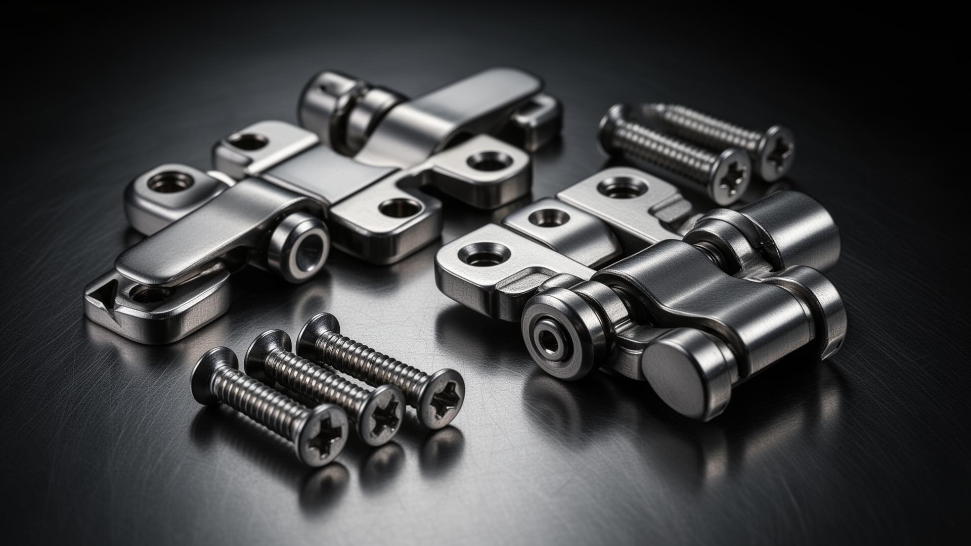 Polished stainless steel hydraulic hinges and precision screws